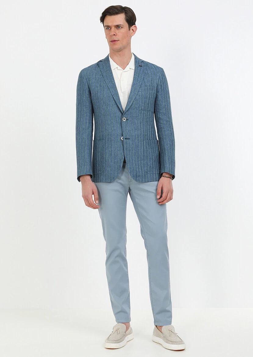 Petrol Blue Patterned Shirt Shoulder Slim Fit 100% Linen Jacket - 2