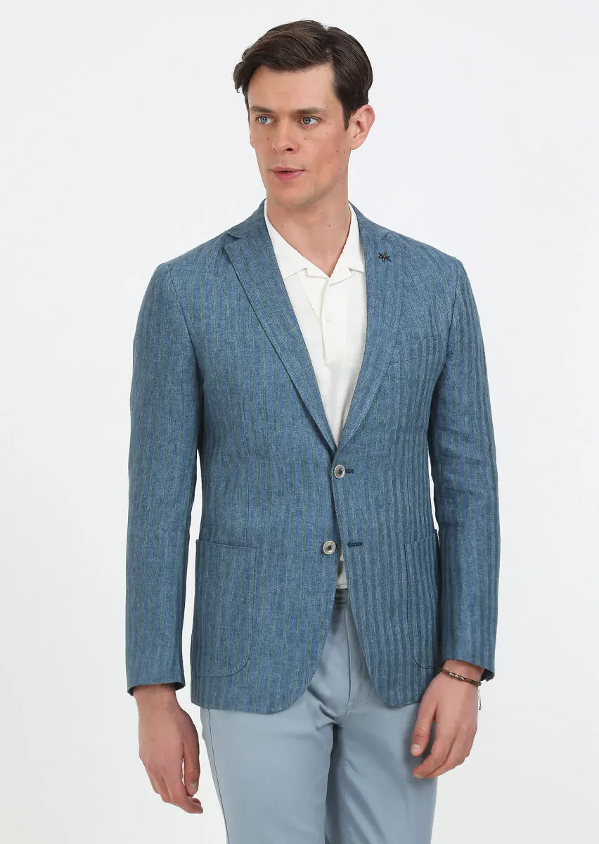 Petrol Blue Patterned Shirt Shoulder Slim Fit 100% Linen Jacket - 3