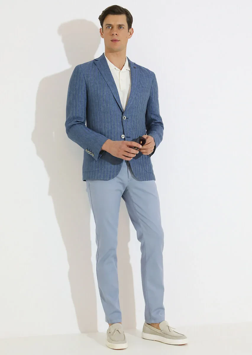 Petrol Blue Patterned Shirt Shoulder Slim Fit 100% Linen Jacket - 5