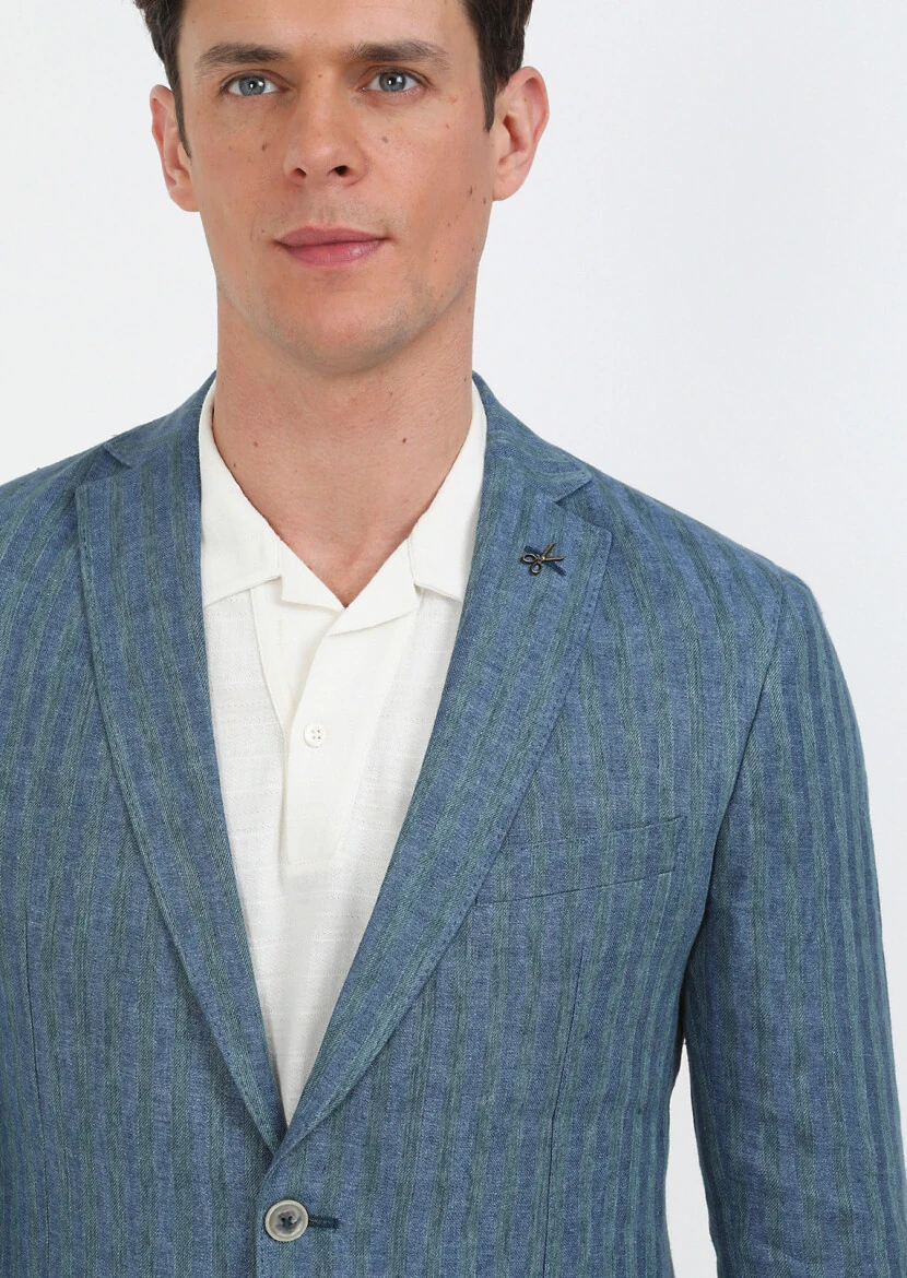 Petrol Blue Patterned Shirt Shoulder Slim Fit 100% Linen Jacket - 6