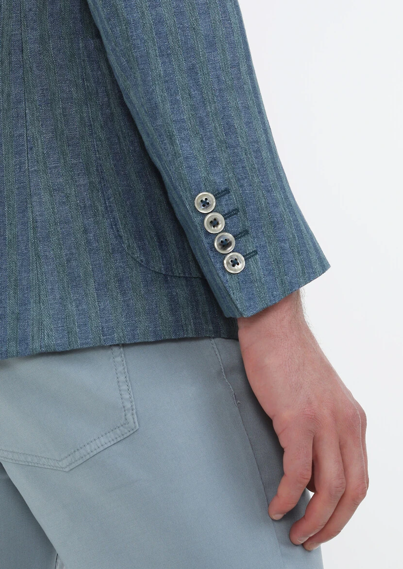 Petrol Blue Patterned Shirt Shoulder Slim Fit 100% Linen Jacket - 7