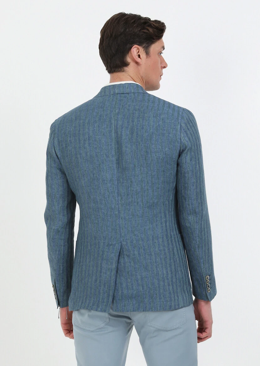 Petrol Blue Patterned Shirt Shoulder Slim Fit 100% Linen Jacket - 8