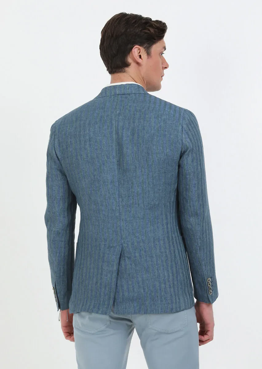 Petrol Blue Patterned Shirt Shoulder Slim Fit 100% Linen Jacket - 8