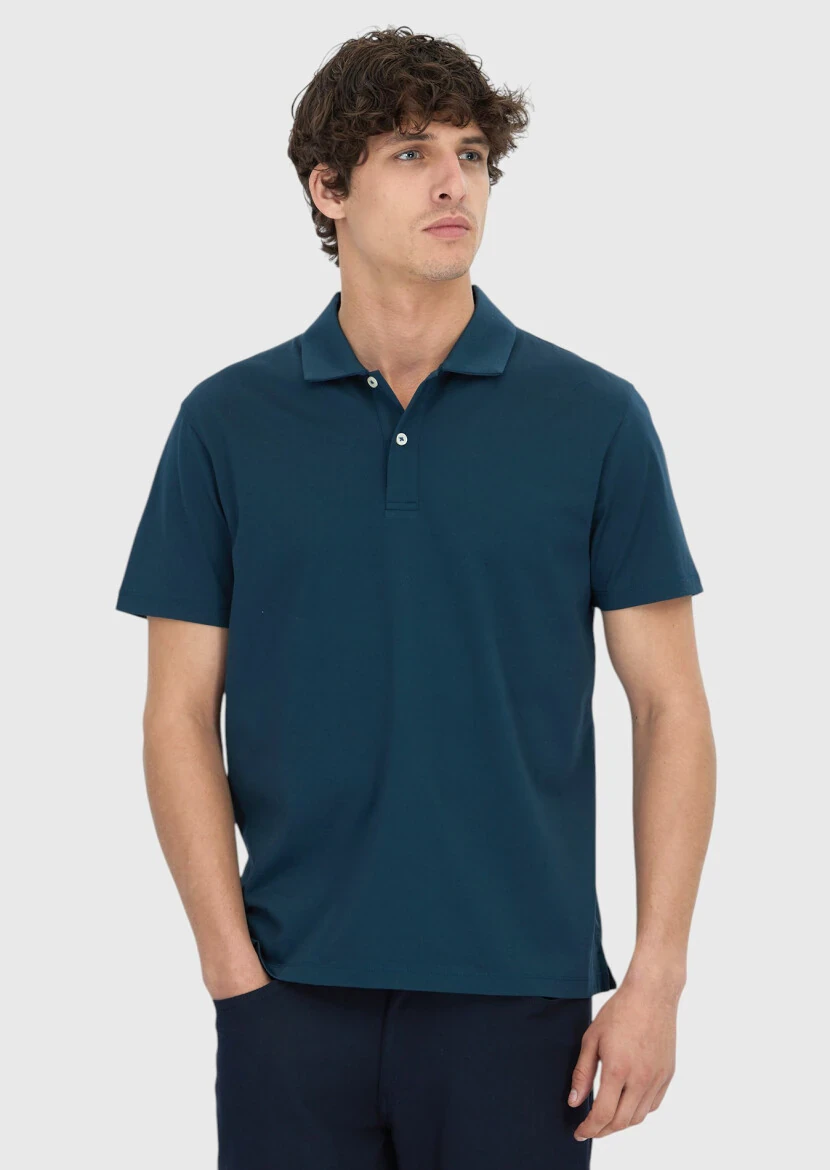 Petrol Blue Plain Polo Neck 100% Cotton T-Shirt - RAMSEY