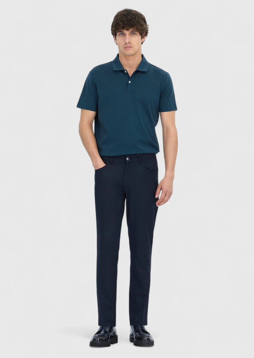 Petrol Blue Plain Polo Neck 100% Cotton T-Shirt - RAMSEY