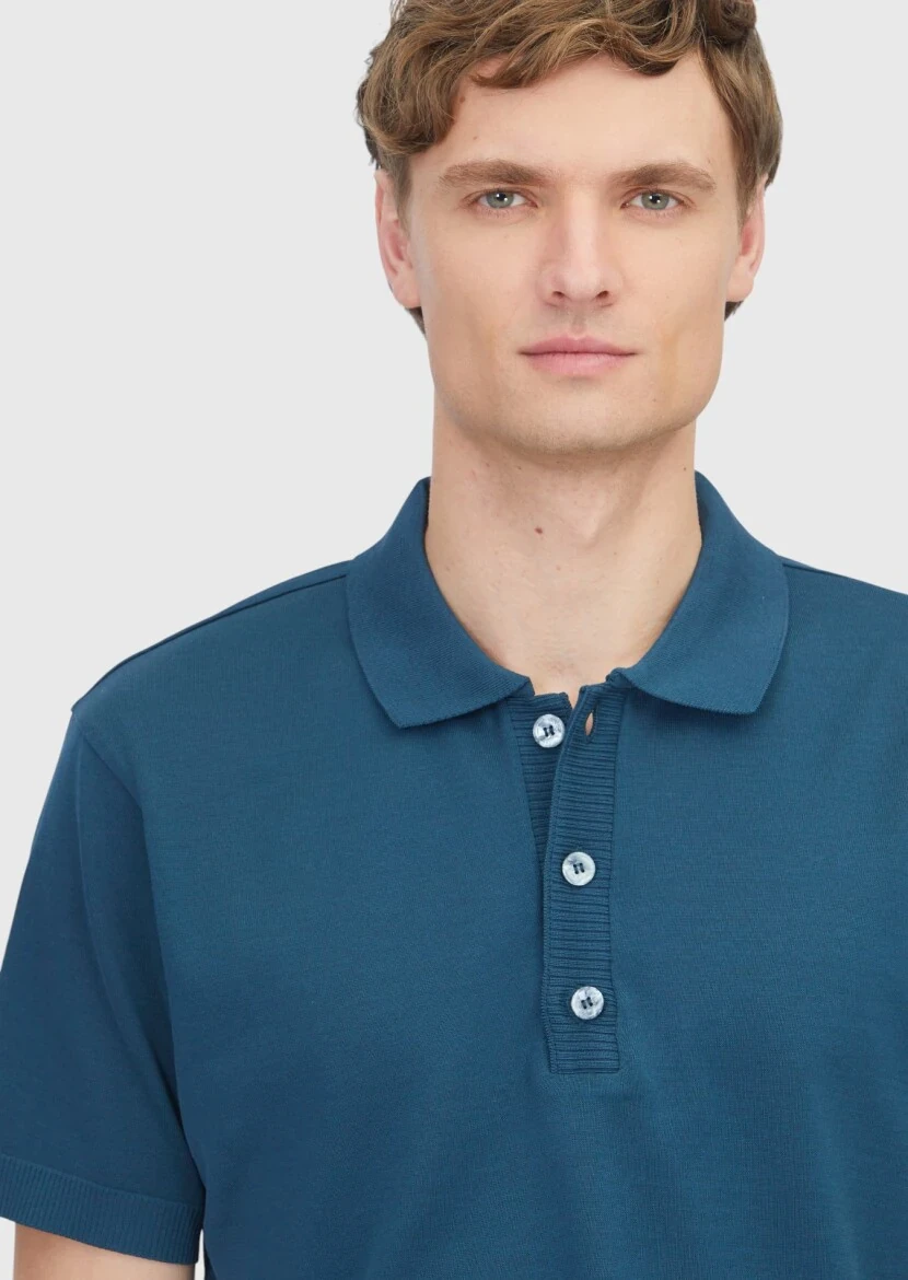 Petrol Blue Plain Polo Neck 100% Cotton T-Shirt - 3