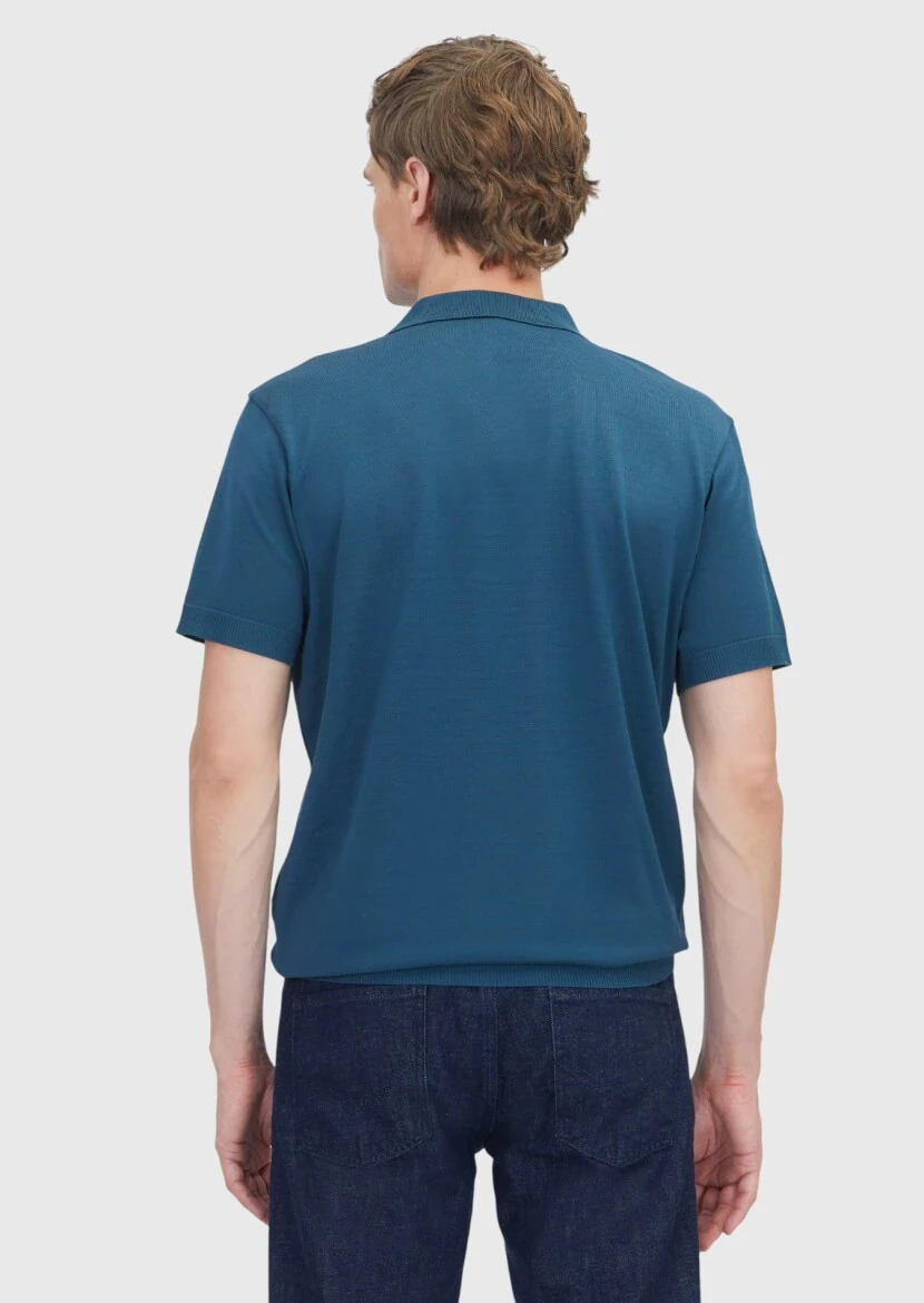 Petrol Blue Plain Polo Neck 100% Cotton T-Shirt - 5