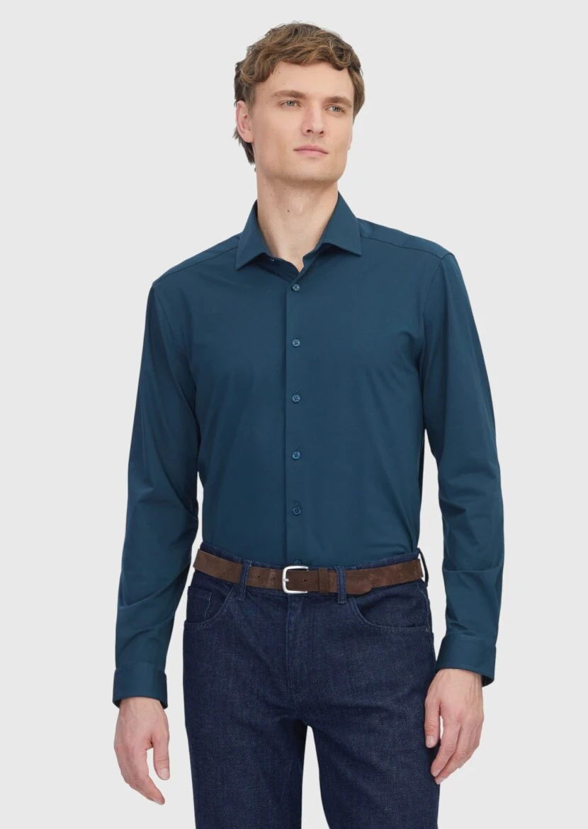 Petrol Blue Plain Regular Fit Knitting Casual Cotton Blended Shirt - RAMSEY