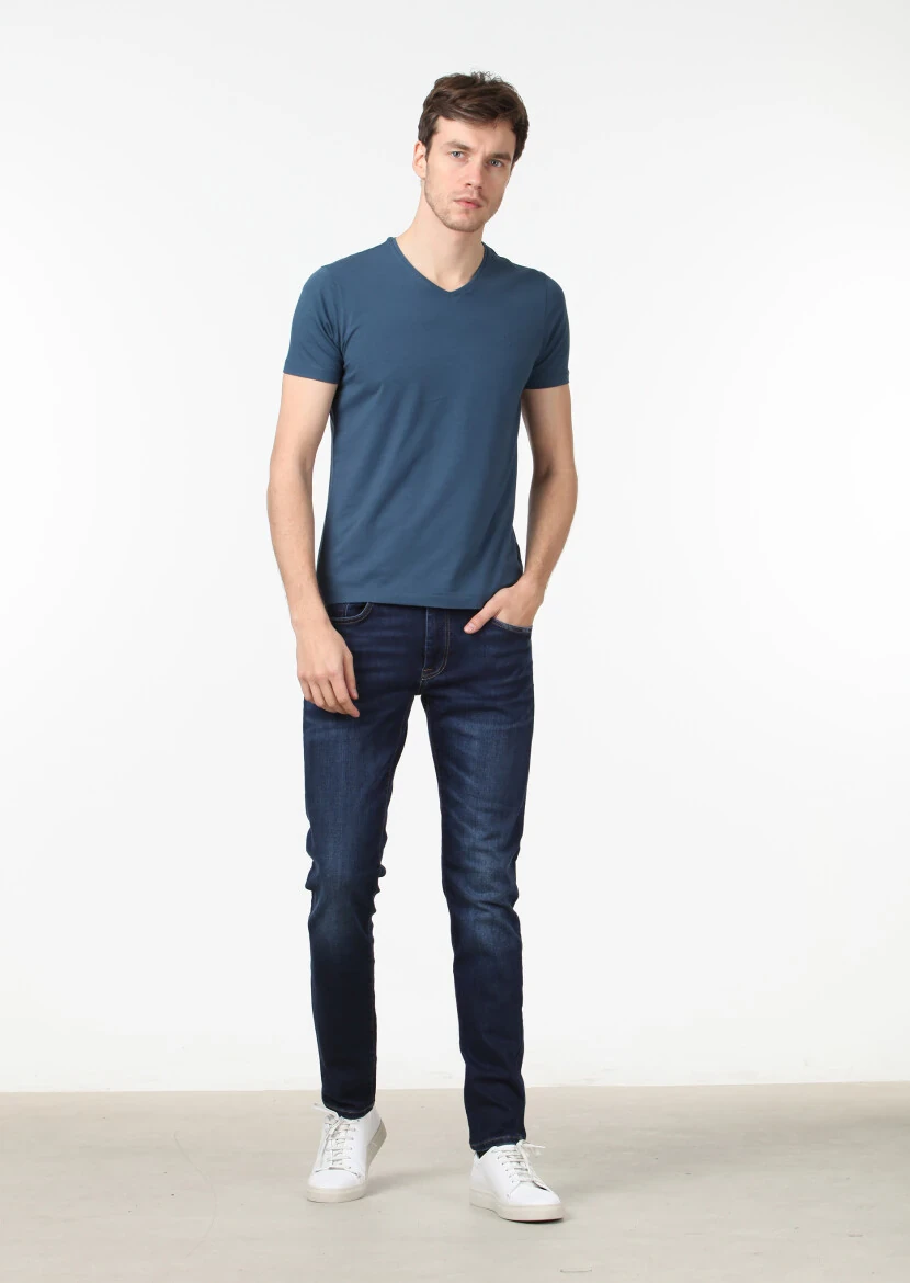 Petrol Blue Plain V-Neck Cotton Blended T-Shirt 