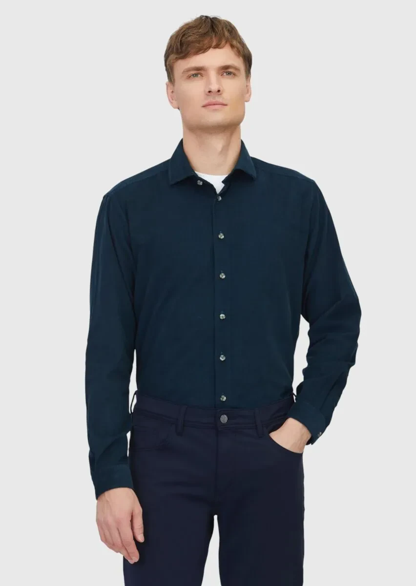 Petrol Blue Plain Weaving Casual 100% Cotton Shirt - 1