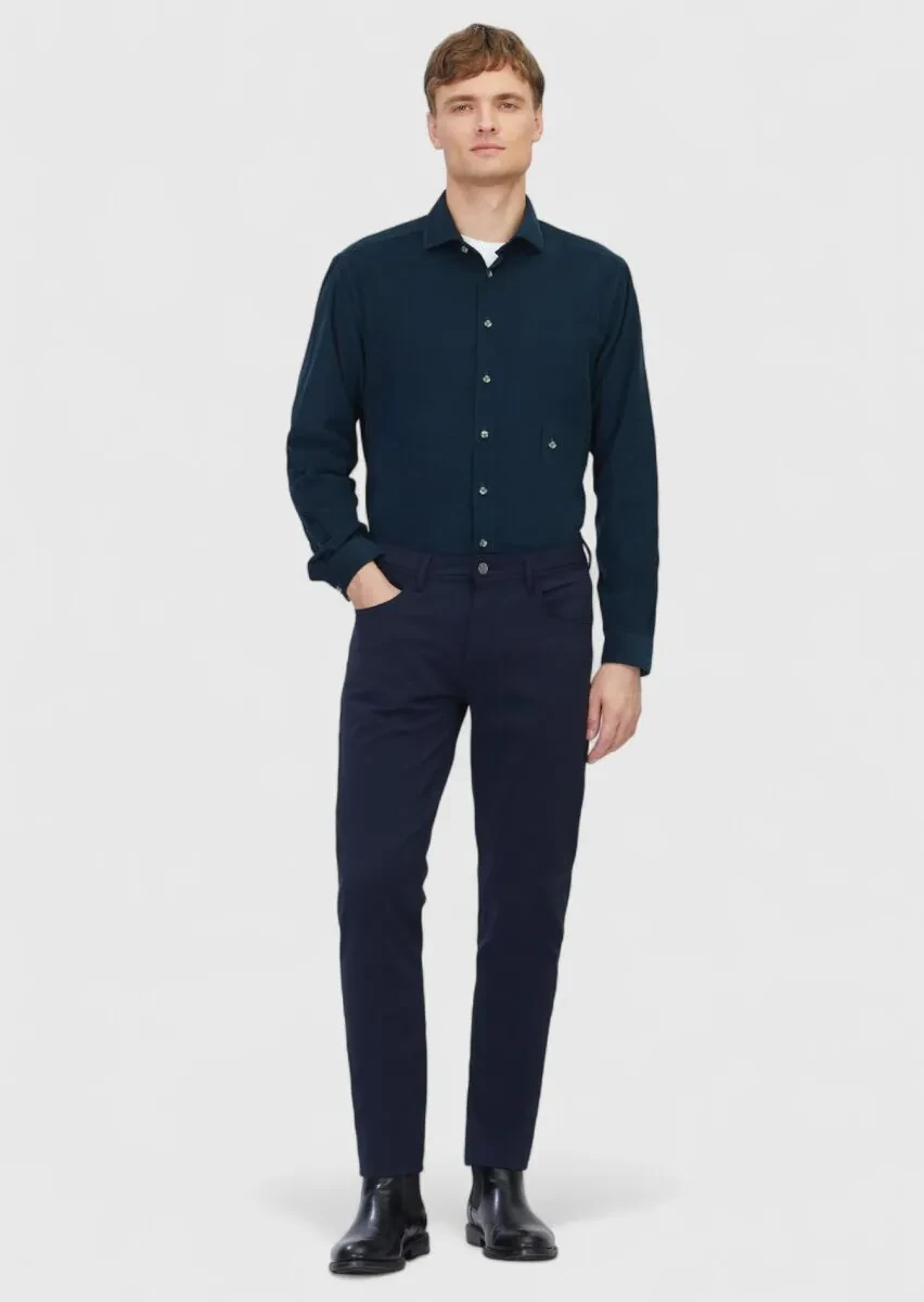 Petrol Blue Plain Weaving Casual 100% Cotton Shirt - 2