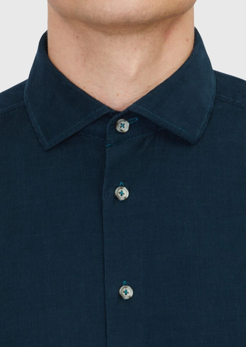 Petrol Blue Plain Weaving Casual 100% Cotton Shirt - 5