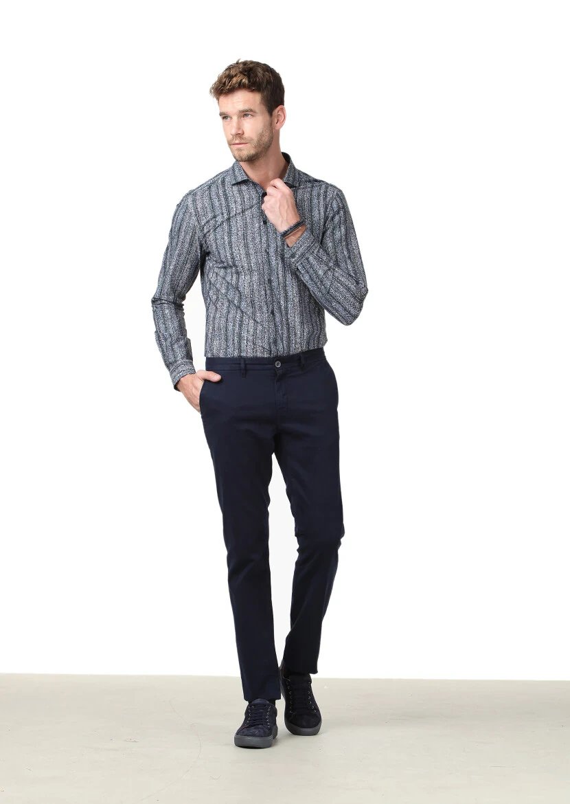 Petrol Blue Printed Fitted Fit Weaving Casual 100% Cotton Shirt - 2