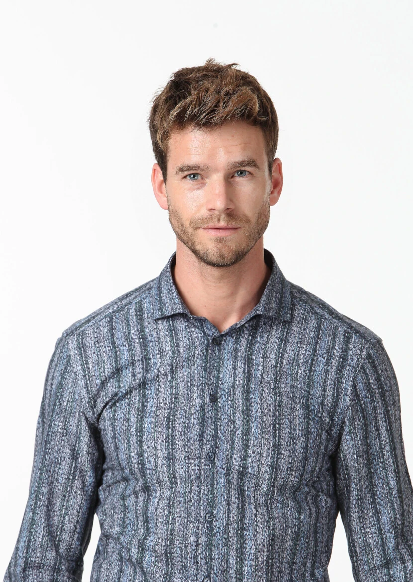 Petrol Blue Printed Fitted Fit Weaving Casual 100% Cotton Shirt - 3