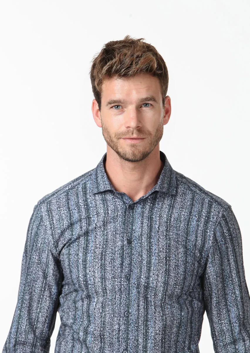 Petrol Blue Printed Fitted Fit Weaving Casual 100% Cotton Shirt - 3