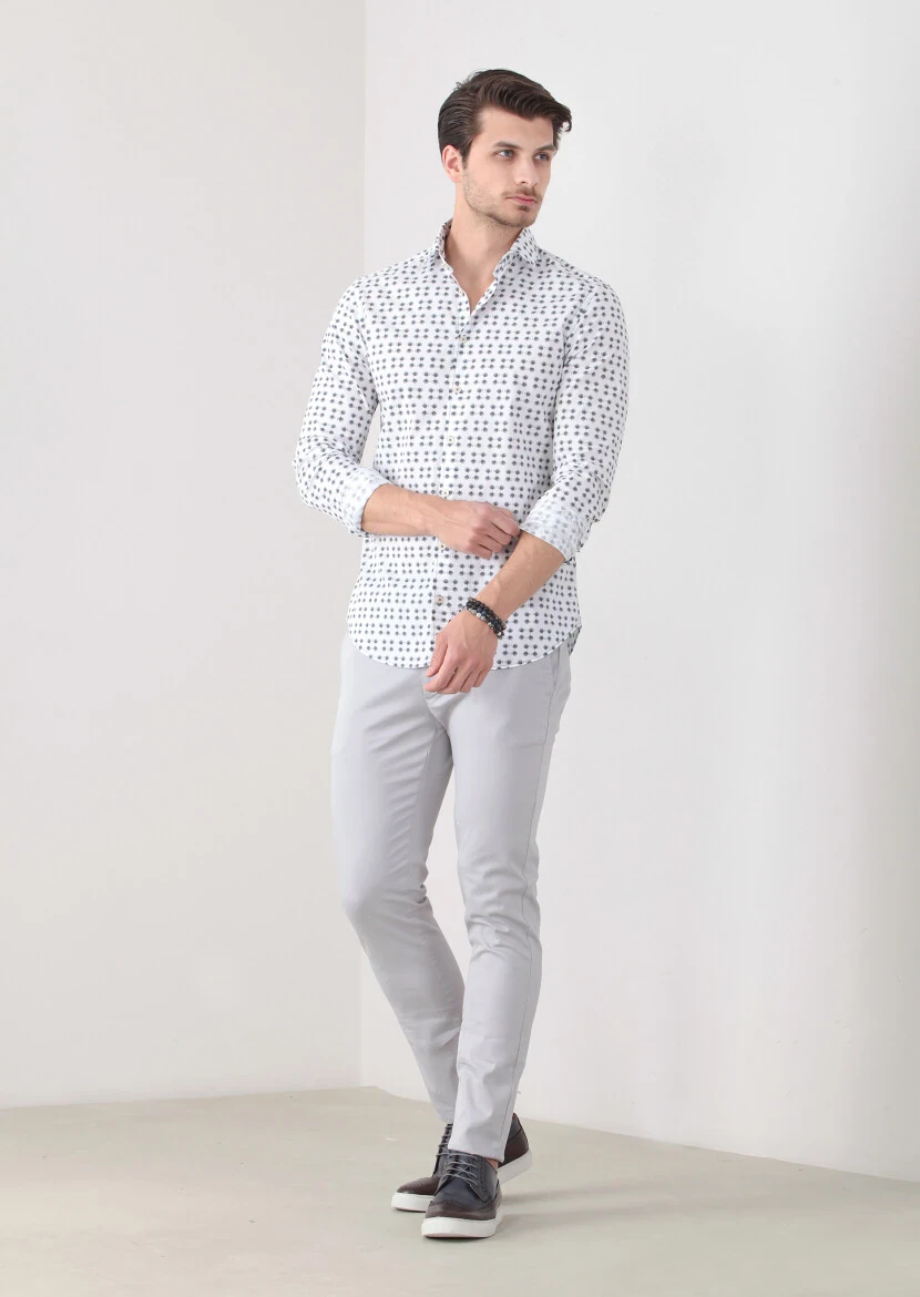 Petrol Blue Printed Slim Fit Weaving Casual 100% Cotton Shirt 