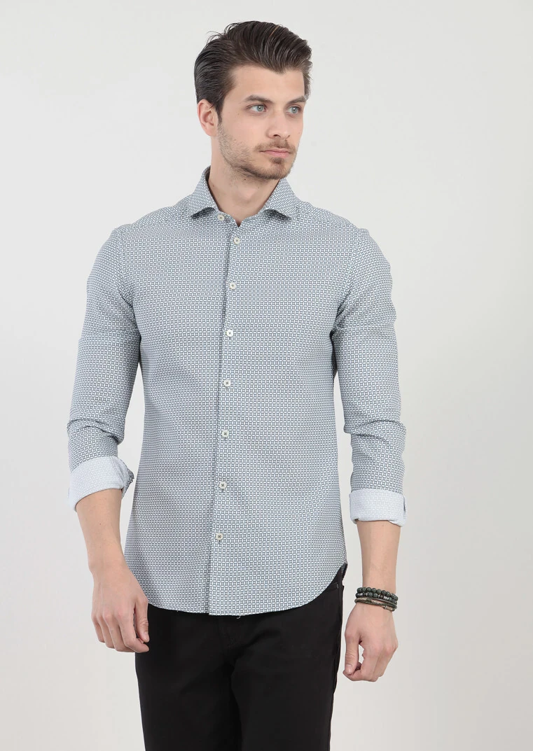 Petrol Blue Printed Slim Fit Weaving Casual 100% Cotton Shirt - 2