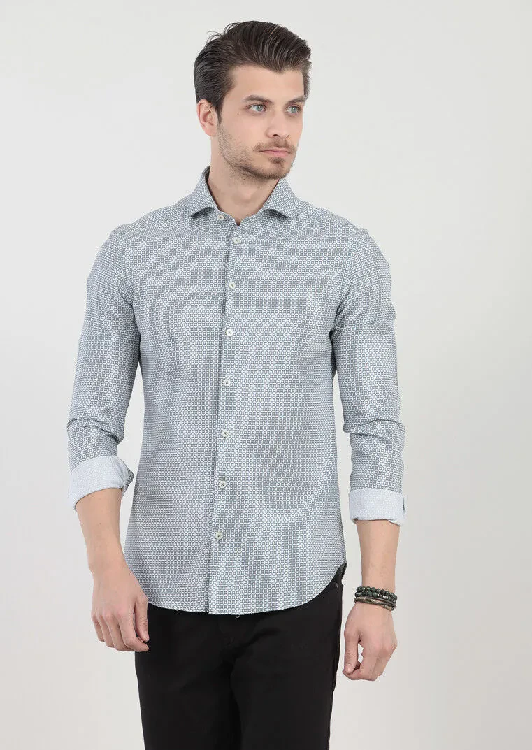 Petrol Blue Printed Slim Fit Weaving Casual 100% Cotton Shirt - 2