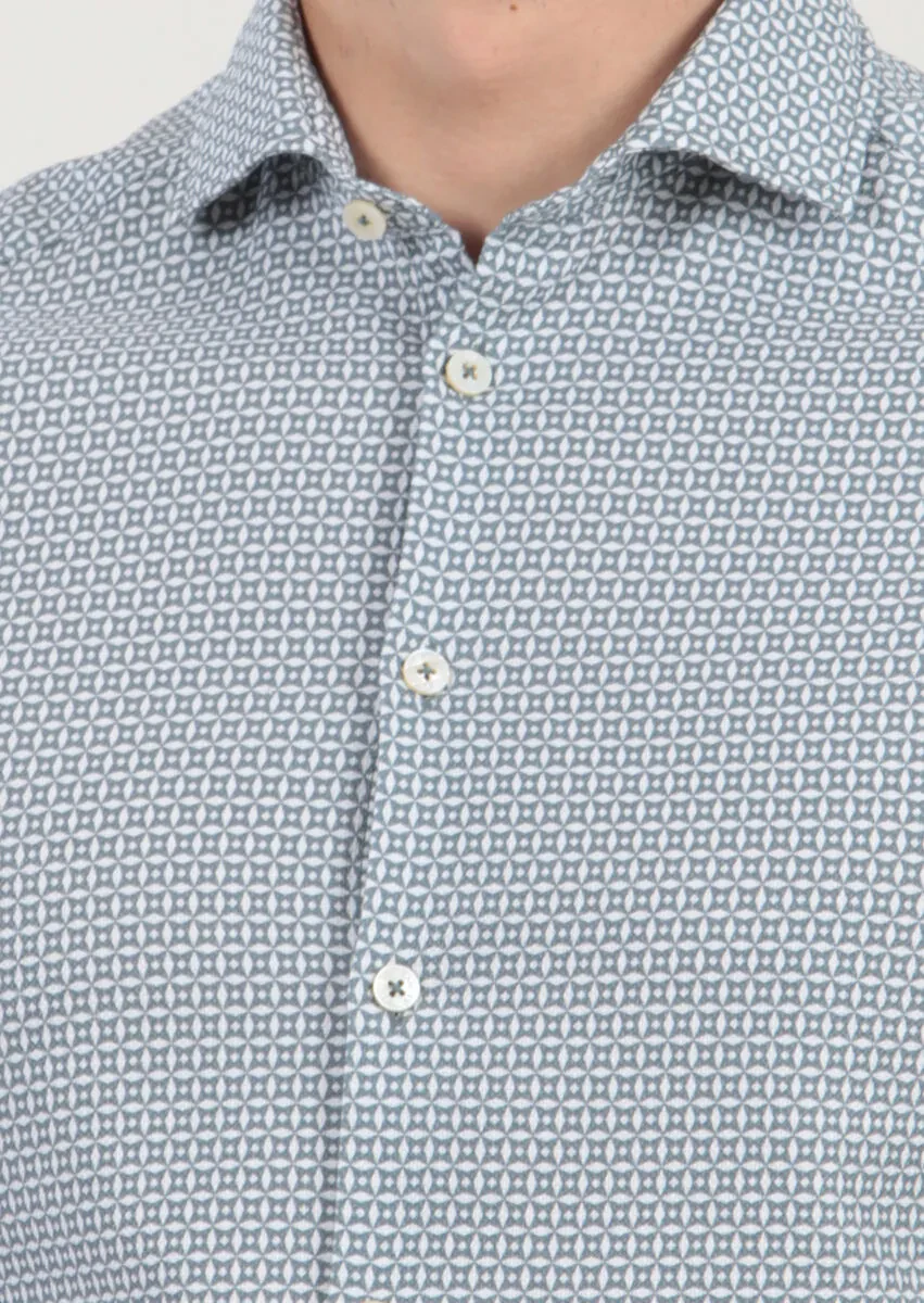 Petrol Blue Printed Slim Fit Weaving Casual 100% Cotton Shirt - 3
