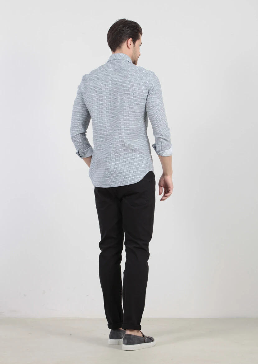 Petrol Blue Printed Slim Fit Weaving Casual 100% Cotton Shirt - 4