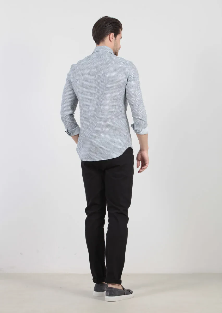 Petrol Blue Printed Slim Fit Weaving Casual 100% Cotton Shirt - 4