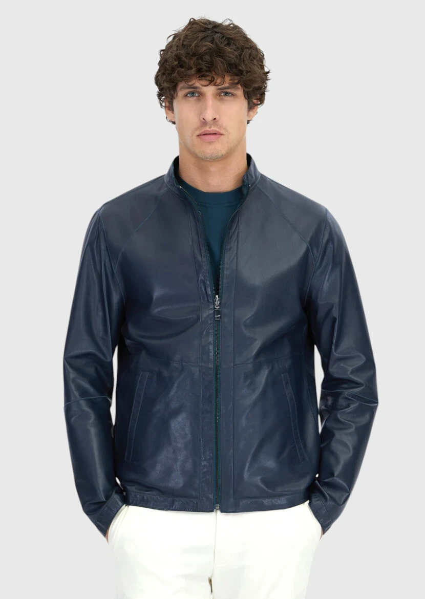 Petrol Blue Regular Fit Turtleneck Casual Leather Coat - RAMSEY