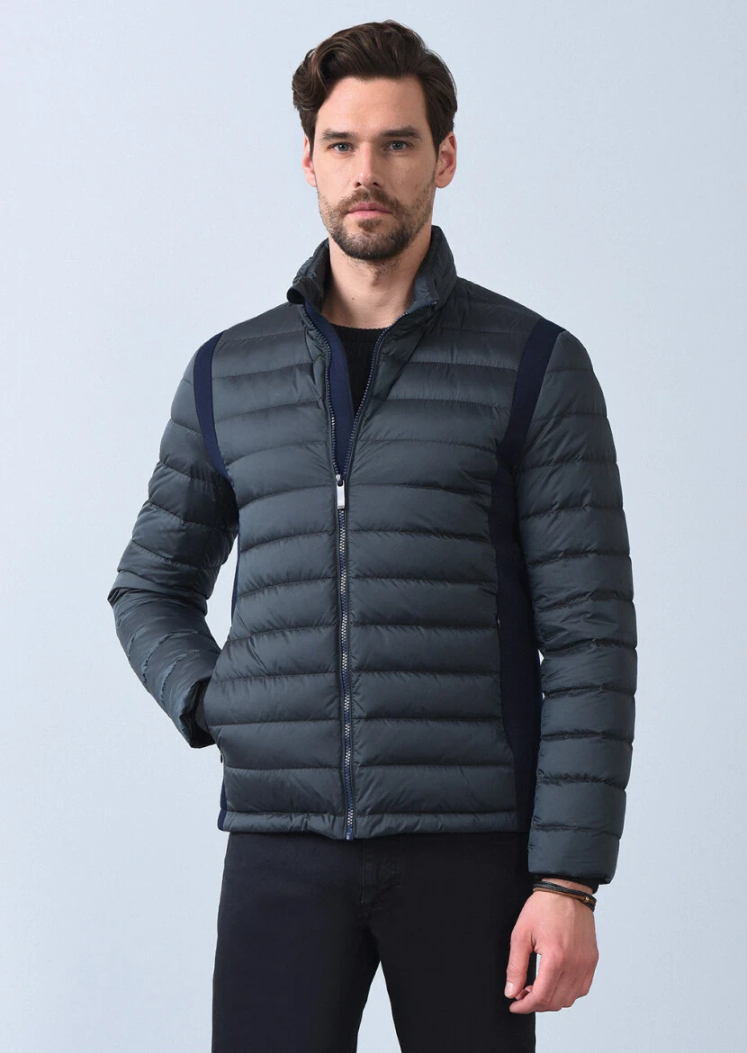 Petrol Blue Regular Fit Turtleneck Casual Weaving Coat - 1