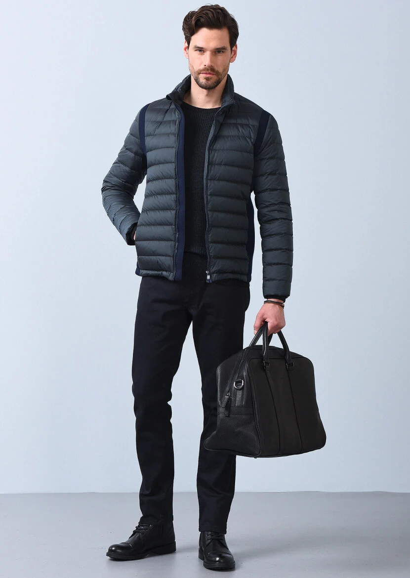 Petrol Blue Regular Fit Turtleneck Casual Weaving Coat - 3