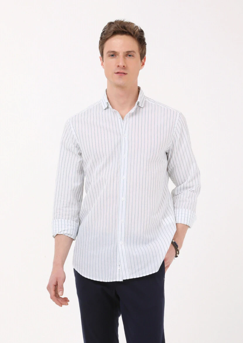 Petrol Blue Striped Regular Fit Weaving Casual Cotton Blended Shirt - 1