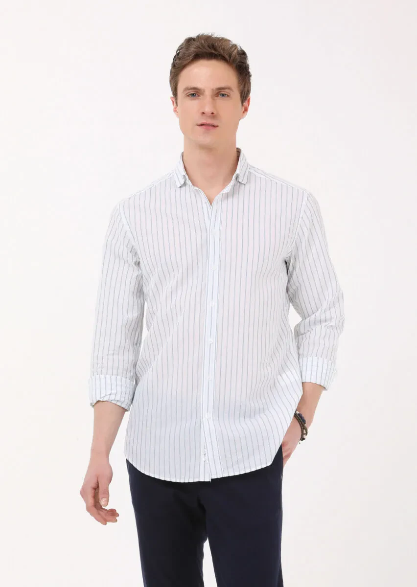 Petrol Blue Striped Regular Fit Weaving Casual Cotton Blended Shirt - 1
