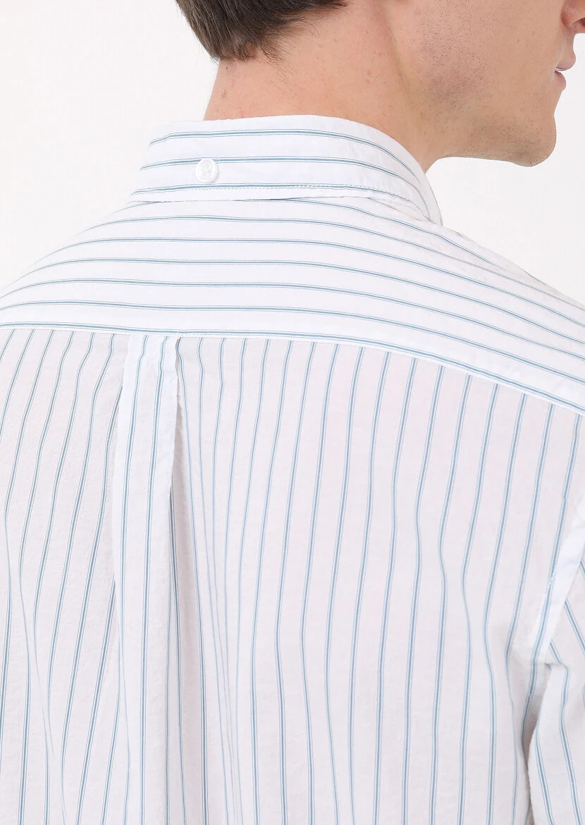 Petrol Blue Striped Regular Fit Weaving Casual Cotton Blended Shirt - 3