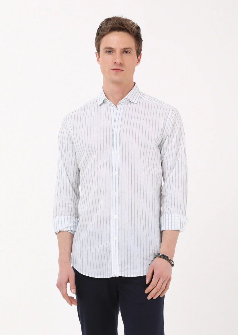Petrol Blue Striped Regular Fit Weaving Casual Cotton Blended Shirt - 4