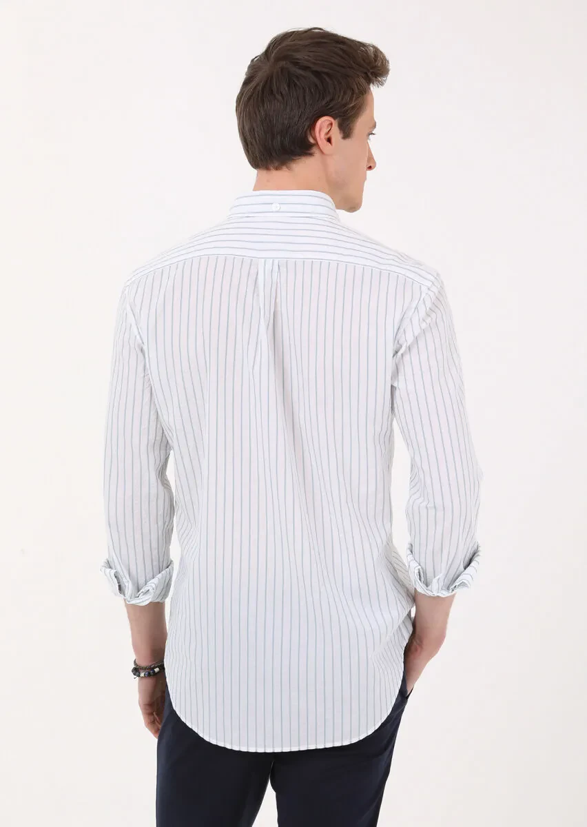 Petrol Blue Striped Regular Fit Weaving Casual Cotton Blended Shirt - 5