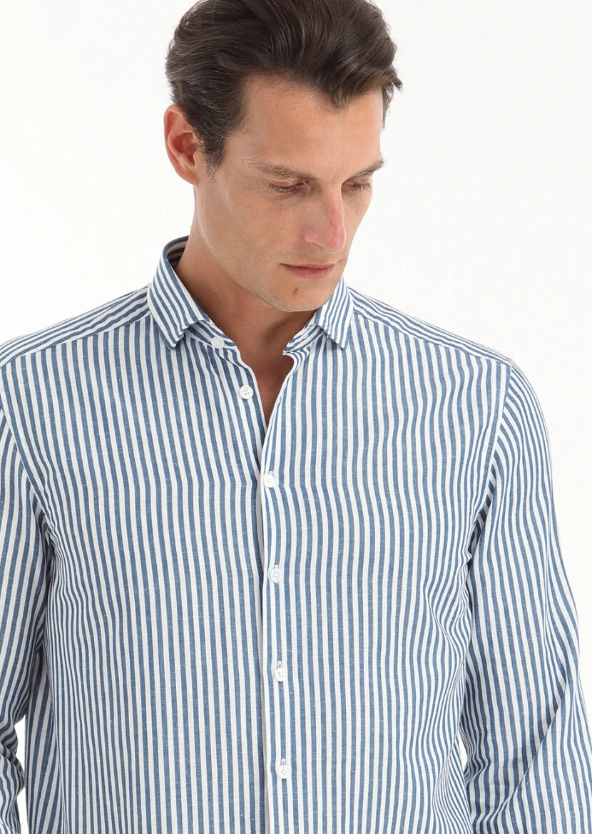 Petrol Blue Striped Regular Fit Weaving Casual Cotton Blended Shirt - 3