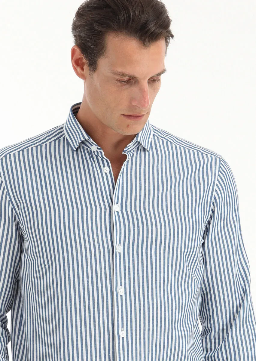 Petrol Blue Striped Regular Fit Weaving Casual Cotton Blended Shirt - 3