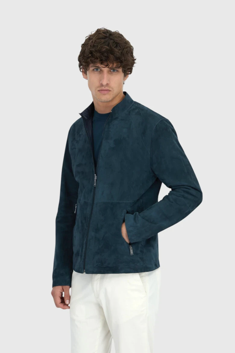 Petrol Blue Turtleneck Casual Double-Sided Leather Coat - 1