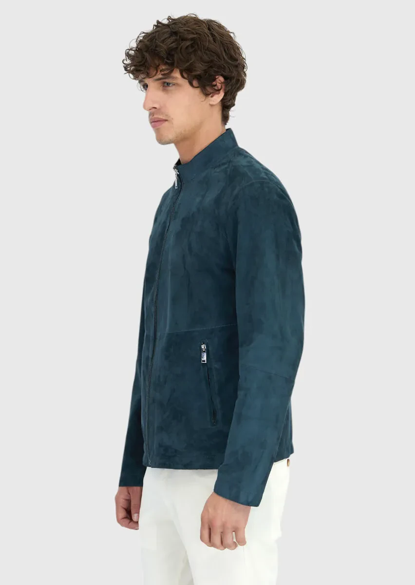 Petrol Blue Turtleneck Casual Double-Sided Leather Coat - 4