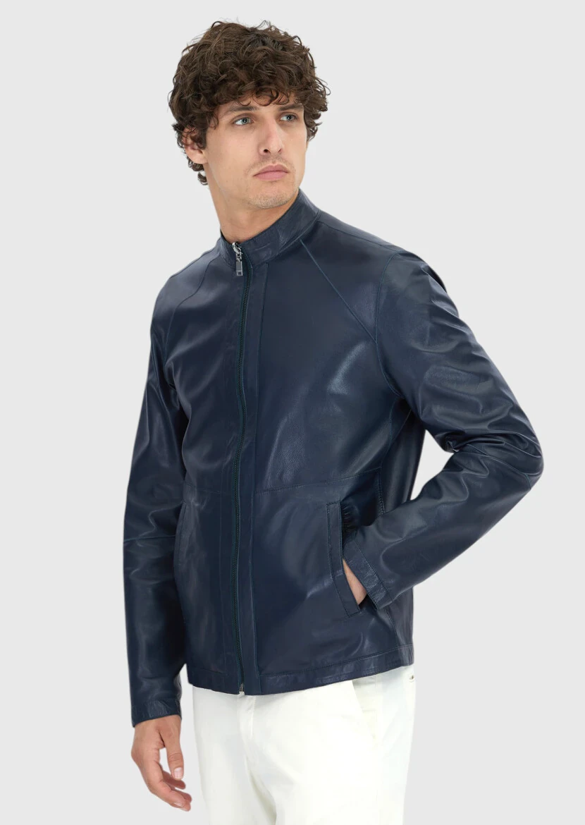 Petrol Blue Turtleneck Casual Double-Sided Leather Coat - 5