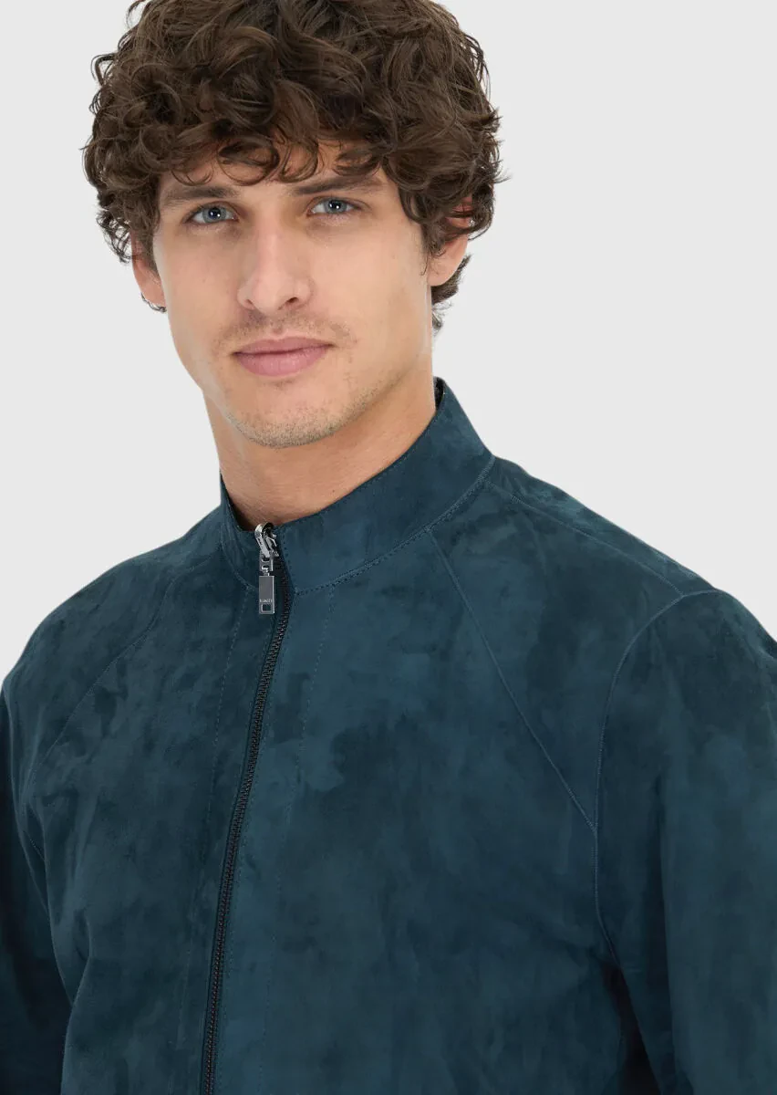 Petrol Blue Turtleneck Casual Double-Sided Leather Coat - 6