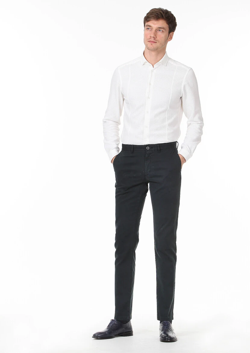 Petrol Blue Weaving Regular Fit Casual Cotton Blended Trousers 