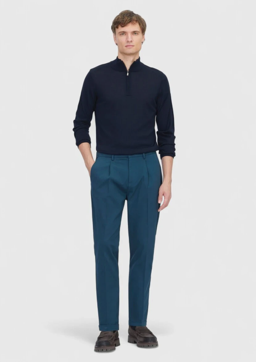 Petrol Blue Weaving Regular Fit Casual Cotton Blended Trousers - RAMSEY