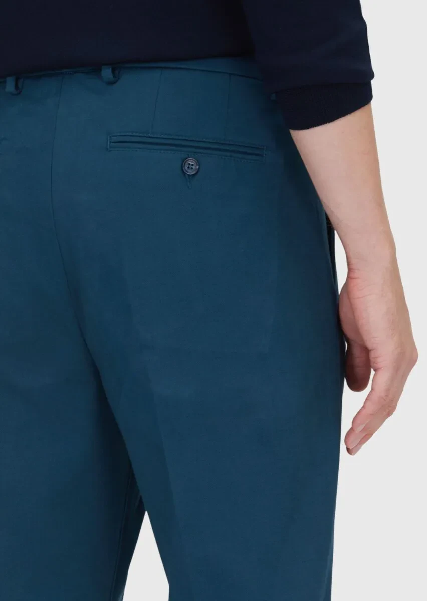 Petrol Blue Weaving Regular Fit Casual Cotton Blended Trousers - 4