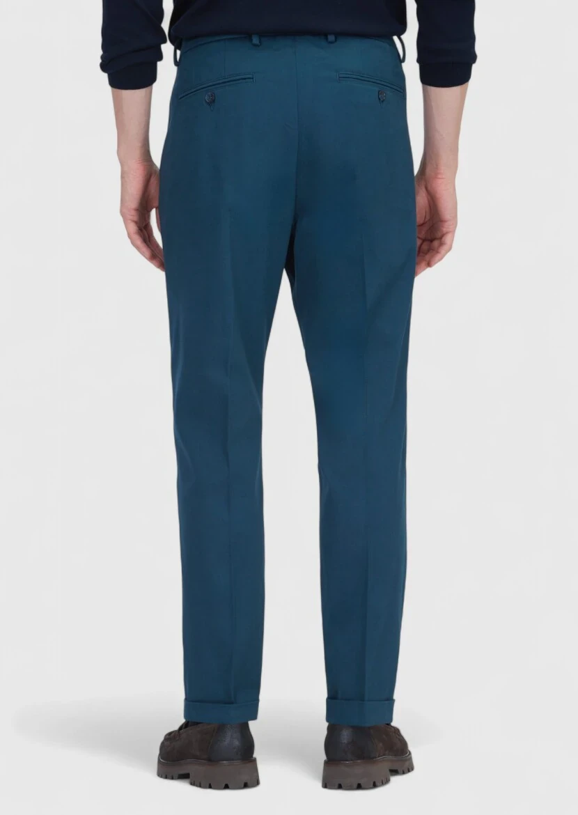 Petrol Blue Weaving Regular Fit Casual Cotton Blended Trousers - 5