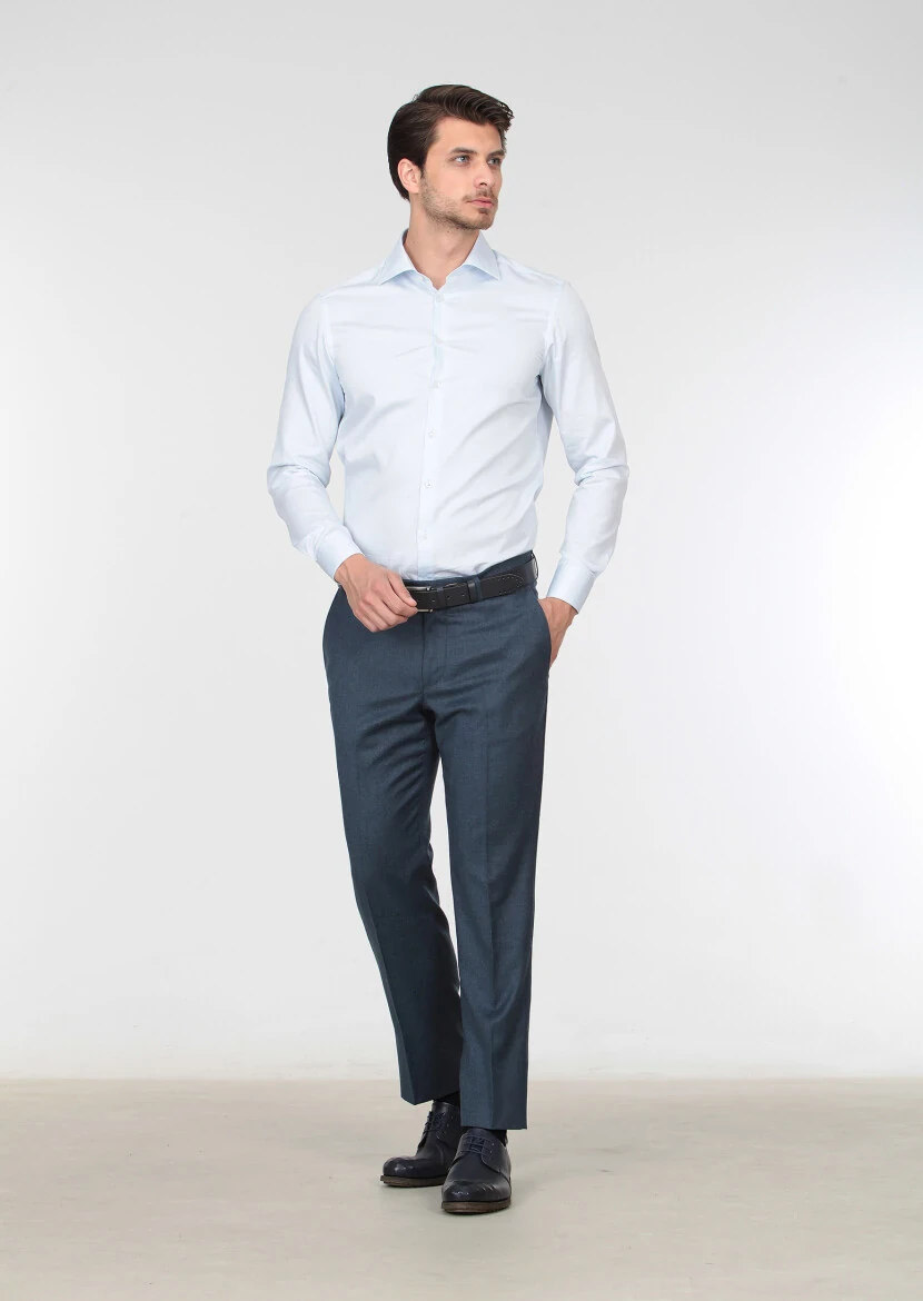 Petrol Blue Weaving Regular Fit Classical 100% Wool Trousers - 1