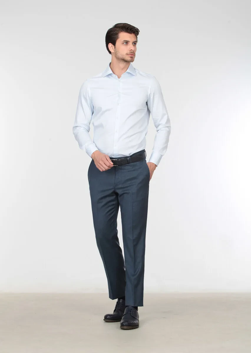 Petrol Blue Weaving Regular Fit Classical 100% Wool Trousers - 1