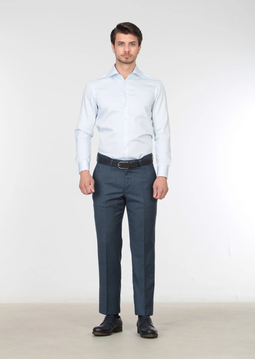 Petrol Blue Weaving Regular Fit Classical 100% Wool Trousers 