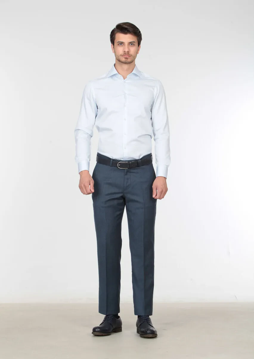 Petrol Blue Weaving Regular Fit Classical 100% Wool Trousers - 2