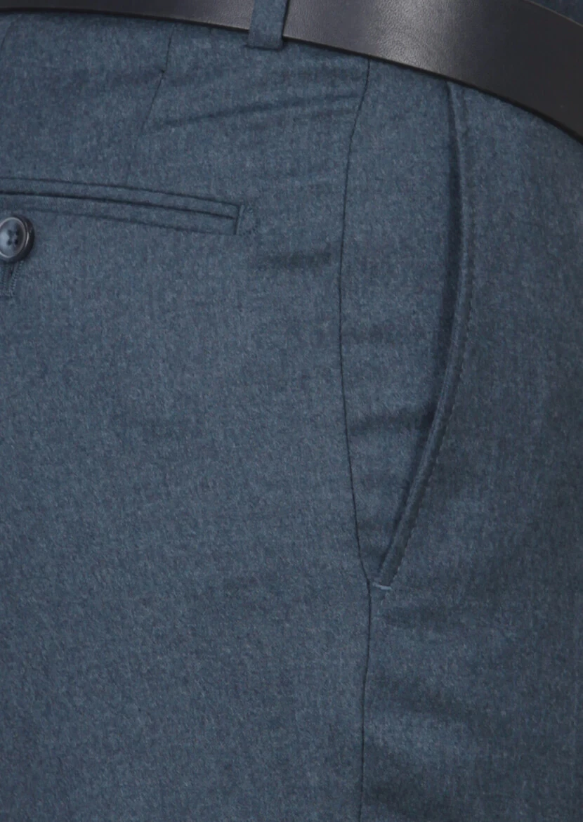 Petrol Blue Weaving Regular Fit Classical 100% Wool Trousers - 3