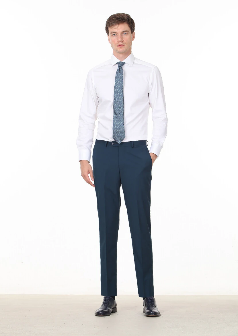 Petrol Blue Weaving Regular Fit Classical 100% Wool Trousers - 2