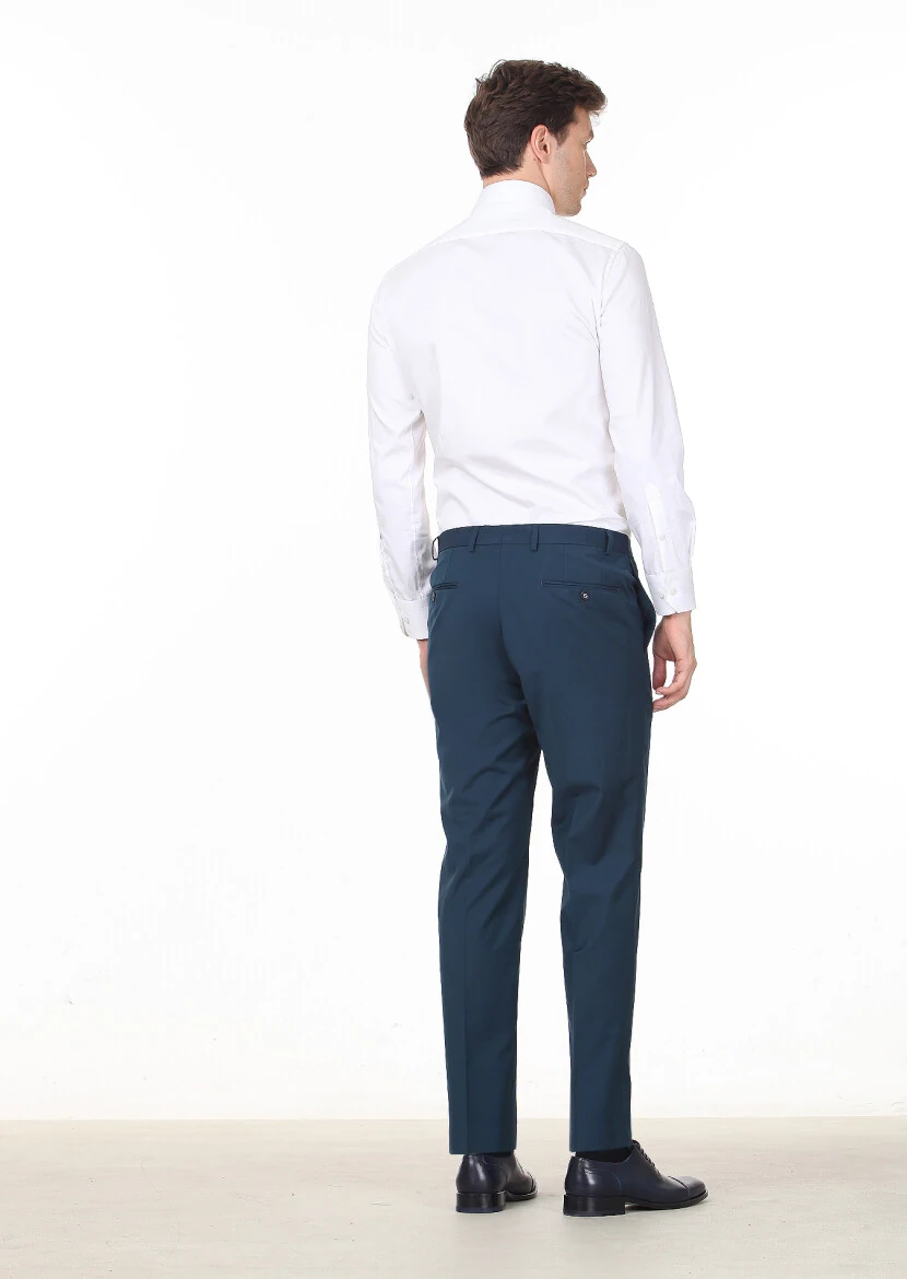 Petrol Blue Weaving Regular Fit Classical 100% Wool Trousers - 4